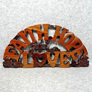 Solid Mahogany Faith‎ Hope Love Wall Hanging Wood Plaque Handcrafted Scrollwork